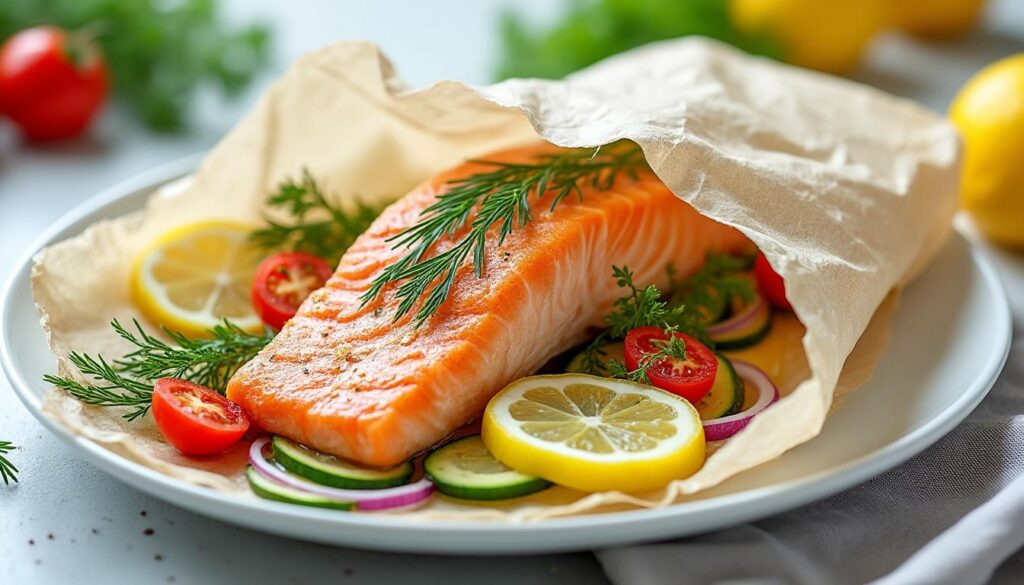 découvrez notre recette simple et rapide de saumon en papillote au four, pour un plat savoureux, léger et plein de fraîcheur, idéal pour un repas sain.