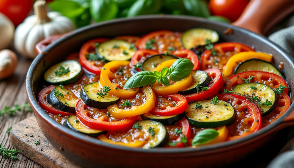 découvrez notre recette simple de ratatouille au four, un plat savoureux et coloré qui réunit légumes frais et saveurs méditerranéennes pour un repas délicieux et facile à préparer.